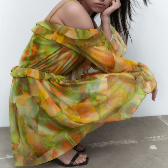 ZARA BLOGGER FAVORITE PRINTED TULLE DRESS GREEN - Picture 8 of 15